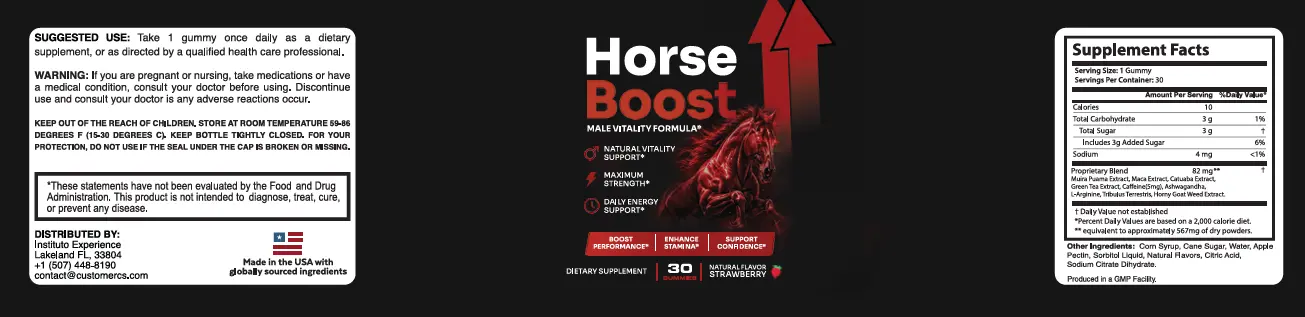 Horse Boost Supplement Facts panel listing serving size, calories, sugar, sodium and the 82 mg proprietary blend